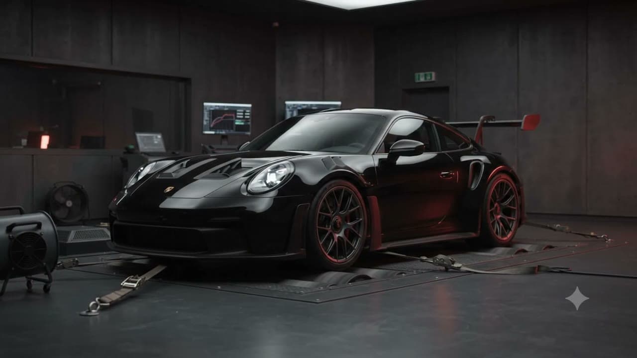 A sports coupé strapped to a chassis dynamometer, with cooling fans and a monitor in the background.
