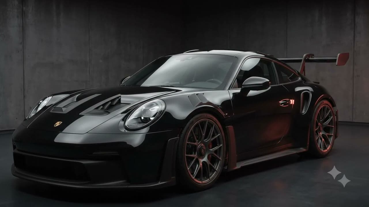 A black sports coupé emerges from darkness as studio lights come up.