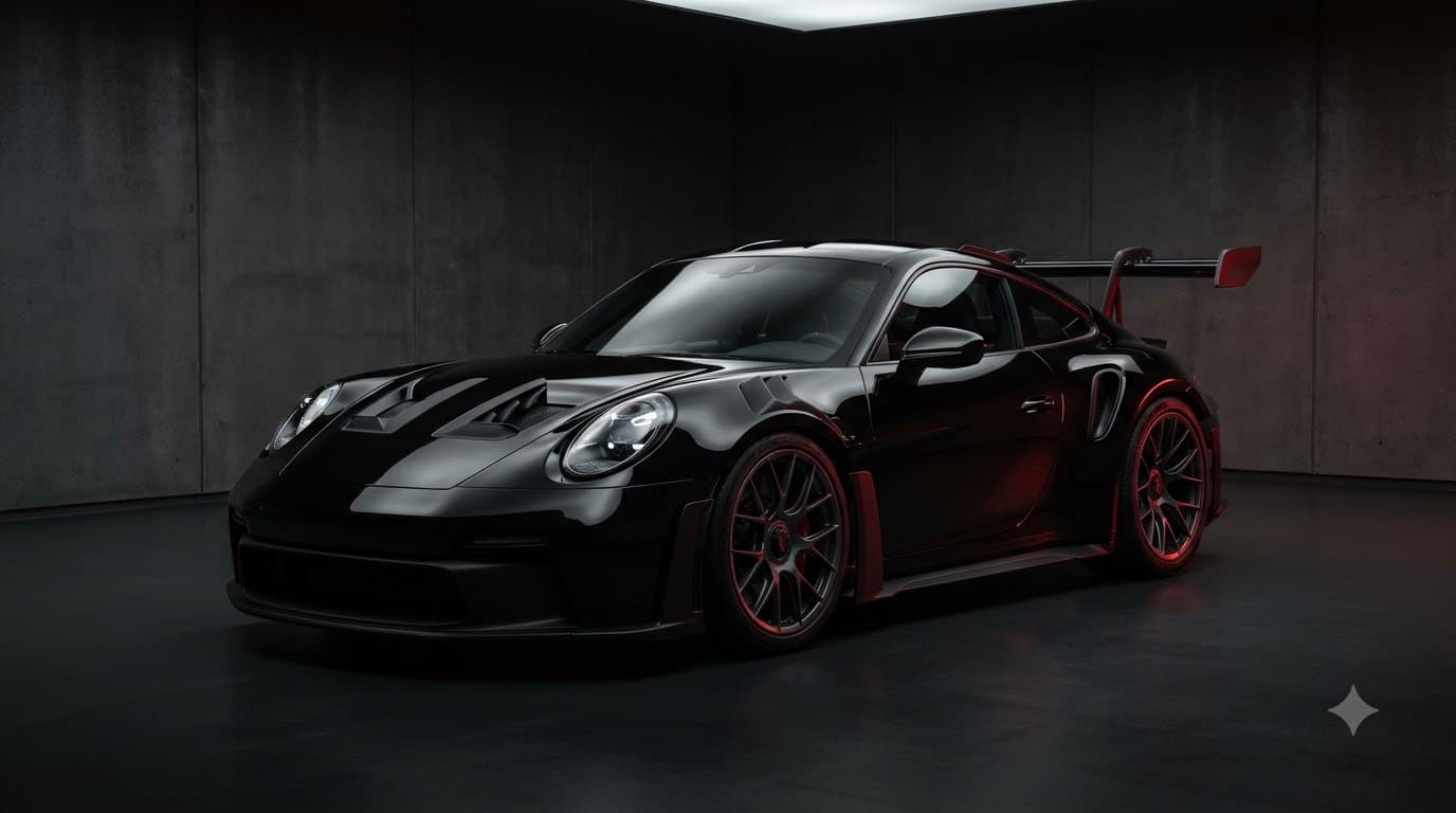 Black sports coupé with dark wheels and a rear wing, lit by a red side light in a concrete studio.