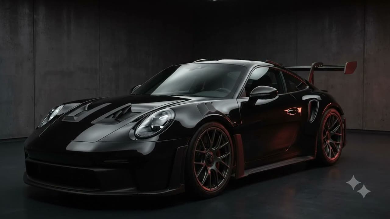 A black sports coupé standing in a dim studio under a single overhead light.